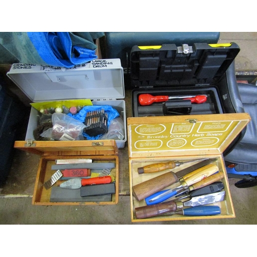 880 - FOUR BOXES OF TOOLS, CHISELS ETC.