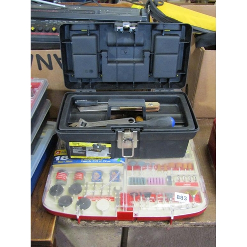 883 - SMALL BOX OF TOOLS AND A ROTARY TOOL ACCESSORY SET