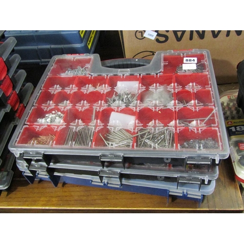 884 - THREE BOXES OF NAILS, SPANNERS, SCREWS ETC.