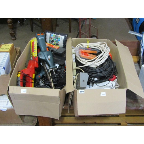 890 - BOX OF CABLES AND SOME POWER TOOLS ETC