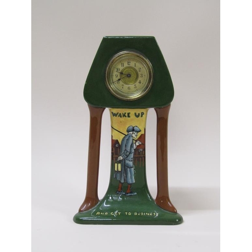 17 - An early 20c mantel clock in an 'Intarsio' Art Nouveau inspired pottery case.  The green glazed case... 