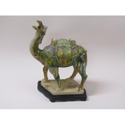 171 - A decorative Chinese Tang style camel, three colour (Sancai) with a custom made stand, 38cm h.