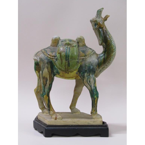 171 - A decorative Chinese Tang style camel, three colour (Sancai) with a custom made stand, 38cm h.