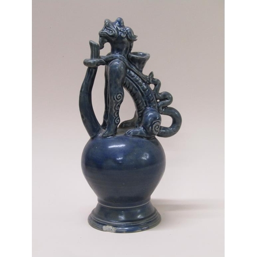 173 - A water jar with dragon handle and spout, blue glazed, possibly Vietnamese 17c, a/f chip to base rim... 