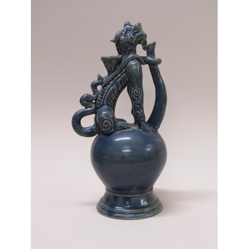 173 - A water jar with dragon handle and spout, blue glazed, possibly Vietnamese 17c, a/f chip to base rim... 