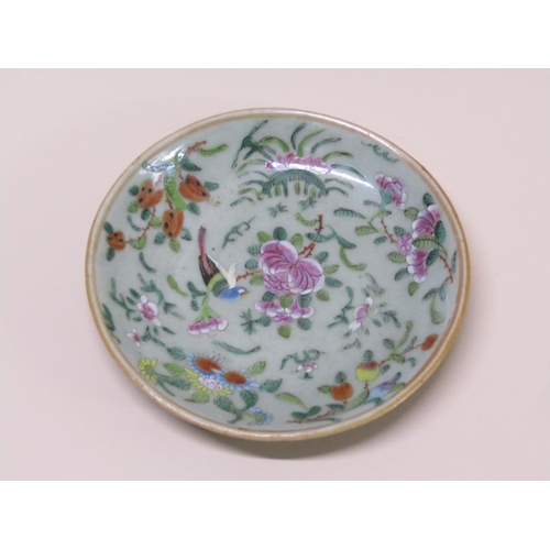 176 - A 19c Chinese famille rose enamelled on celadon ground dish, seal mark to base, 18cm diam.