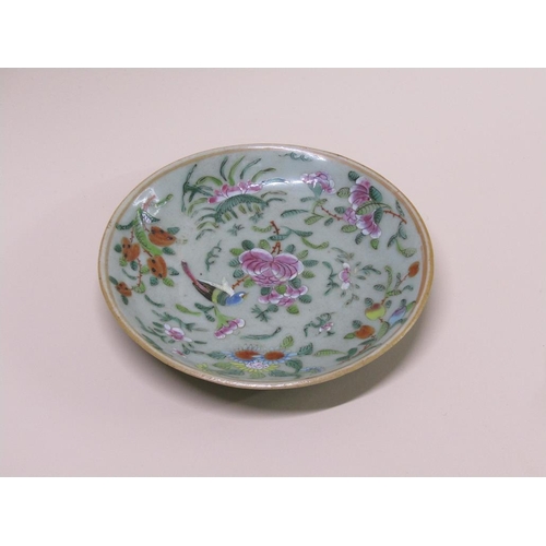 176 - A 19c Chinese famille rose enamelled on celadon ground dish, seal mark to base, 18cm diam.