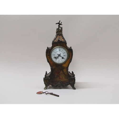 18 - A late 19c French mantel clock in waisted 'Rococo' style case decorated with cast gilt mounts.  The ... 