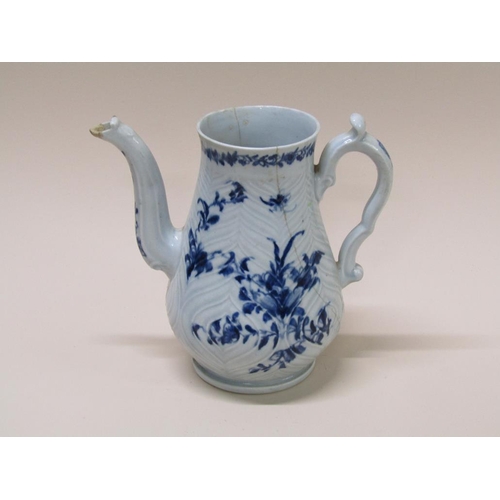 186 - An 18c first period Worcester blue and white coffee pot, silver shape, a/f, 16.5cm h.