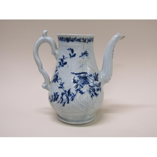 186 - An 18c first period Worcester blue and white coffee pot, silver shape, a/f, 16.5cm h.