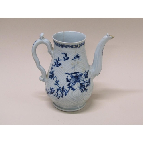 186 - An 18c first period Worcester blue and white coffee pot, silver shape, a/f, 16.5cm h.