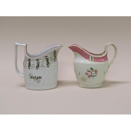 187 - Two Newhall milk jugs, pattern numbers 7 & 296 to bases, late 18c/early 19c, a/f, 10.5cm h.