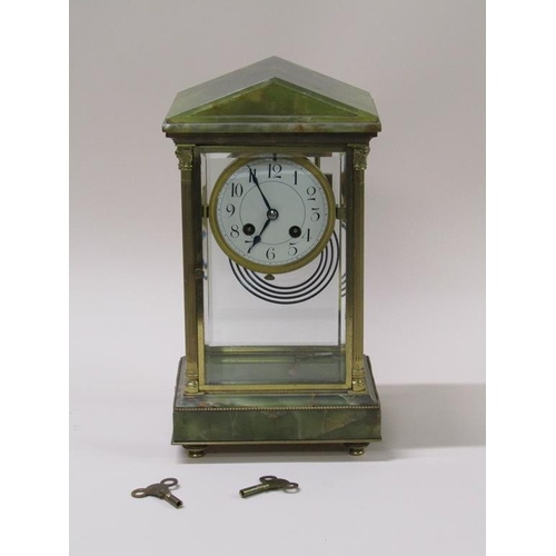 19 - A late 19c French 'four glass' clock with green onyx base and architectural top connected by fluted ... 