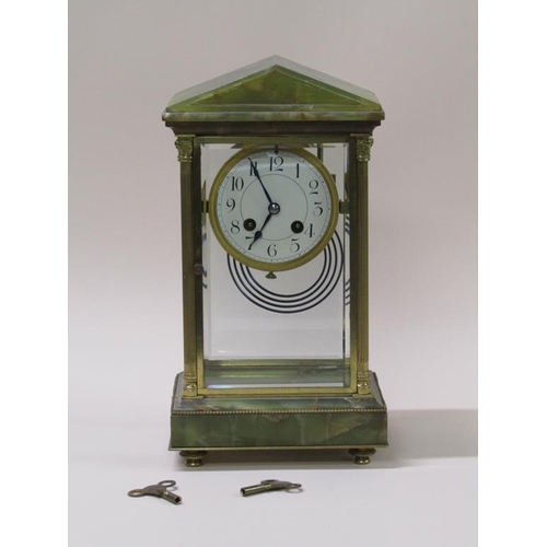 19 - A late 19c French 'four glass' clock with green onyx base and architectural top connected by fluted ... 