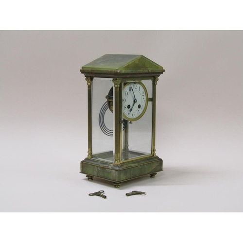 19 - A late 19c French 'four glass' clock with green onyx base and architectural top connected by fluted ... 