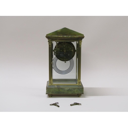 19 - A late 19c French 'four glass' clock with green onyx base and architectural top connected by fluted ... 