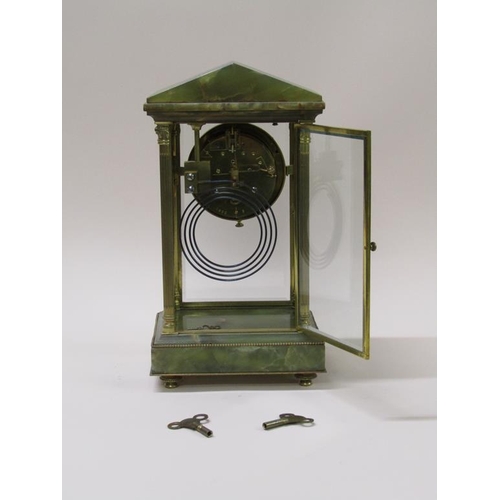 19 - A late 19c French 'four glass' clock with green onyx base and architectural top connected by fluted ... 