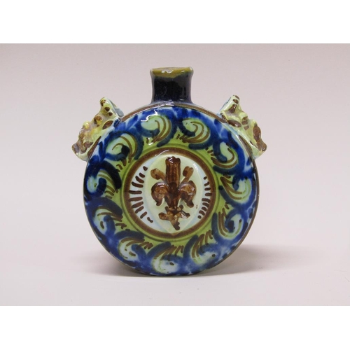 192 - A French faience flask, bacchanalian mounts, a/f, 12cm h.