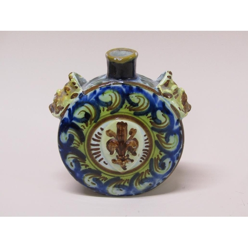 192 - A French faience flask, bacchanalian mounts, a/f, 12cm h.