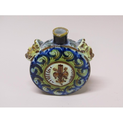 192 - A French faience flask, bacchanalian mounts, a/f, 12cm h.