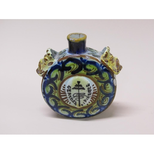 192 - A French faience flask, bacchanalian mounts, a/f, 12cm h.