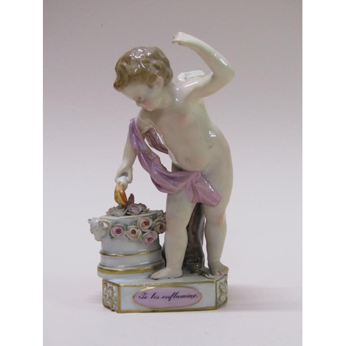 195 - A 19c Meissen porcelain figure of a cupid forging hearts, raised on a rectangular base, titled 'Je l... 