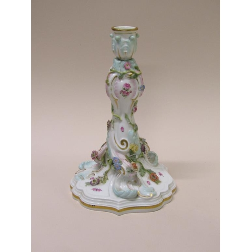 196 - A pair of late 19c/early 20c Meissen flower encrusted porcelain candlesticks, gilt decorated and han... 