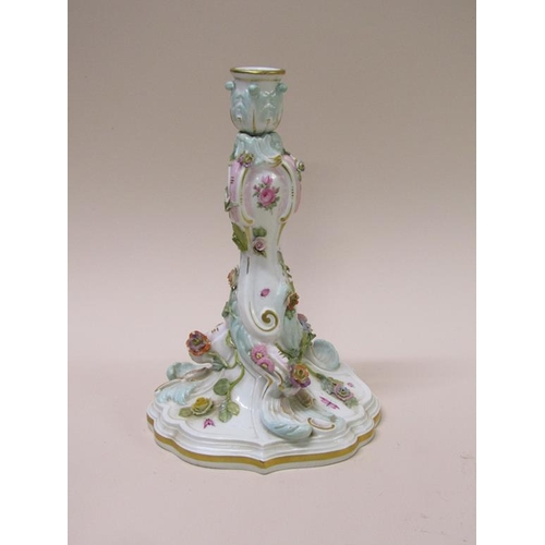 196 - A pair of late 19c/early 20c Meissen flower encrusted porcelain candlesticks, gilt decorated and han... 