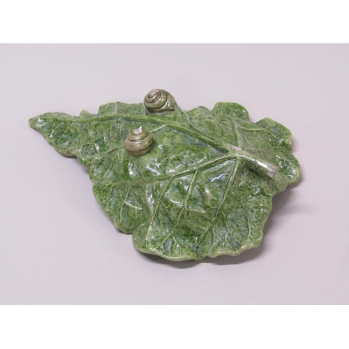 198 - A 19c Danish Peter Ipsen Majolica cabbage leaf dish with snail feet, impressed 'P. Ipsen 3' to base ... 