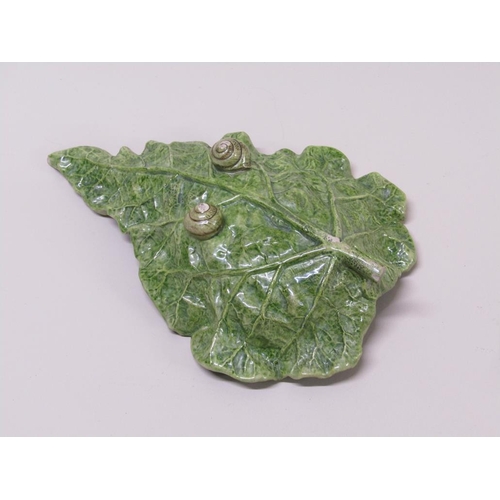 198 - A 19c Danish Peter Ipsen Majolica cabbage leaf dish with snail feet, impressed 'P. Ipsen 3' to base ... 