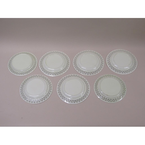 199 - A set of seven late 18c/early 19c Leeds creamware plates, each with a pierced flower head border wit... 