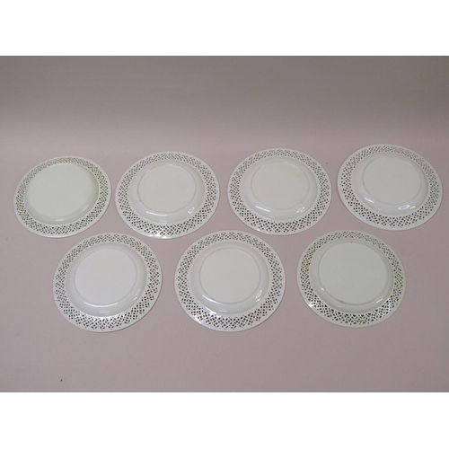 199 - A set of seven late 18c/early 19c Leeds creamware plates, each with a pierced flower head border wit... 