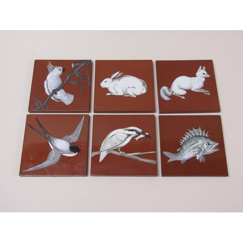 200 - A set of six Mintons art pottery studio tiles, three decorated with birds, one fox, a rabbit and a f... 