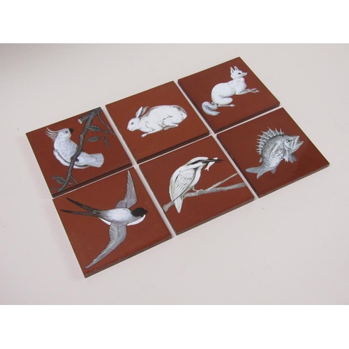 200 - A set of six Mintons art pottery studio tiles, three decorated with birds, one fox, a rabbit and a f... 