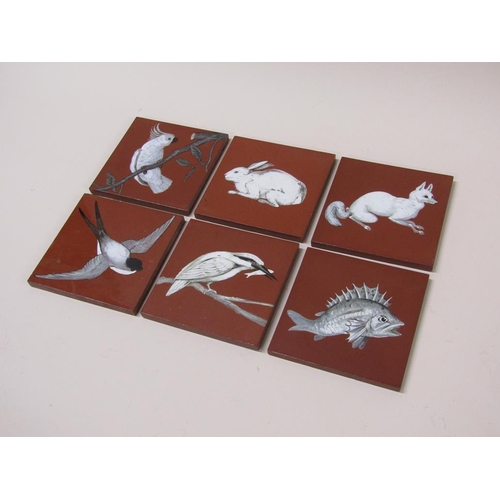 200 - A set of six Mintons art pottery studio tiles, three decorated with birds, one fox, a rabbit and a f... 