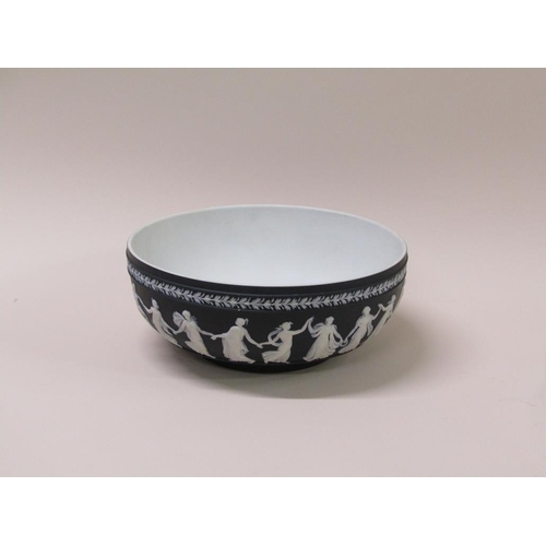 202 - A 20c Wedgwood black basalt jasperware dancing hours fruit bowl, 26cm diam.