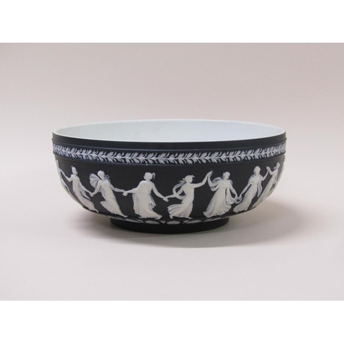 202 - A 20c Wedgwood black basalt jasperware dancing hours fruit bowl, 26cm diam.