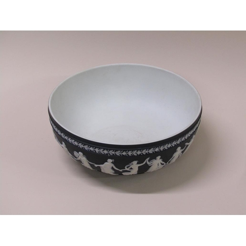 202 - A 20c Wedgwood black basalt jasperware dancing hours fruit bowl, 26cm diam.