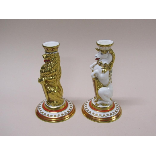 204 - A pair of Minton Queen Elizabeth II candle sticks based on components from the original Queens Coron... 