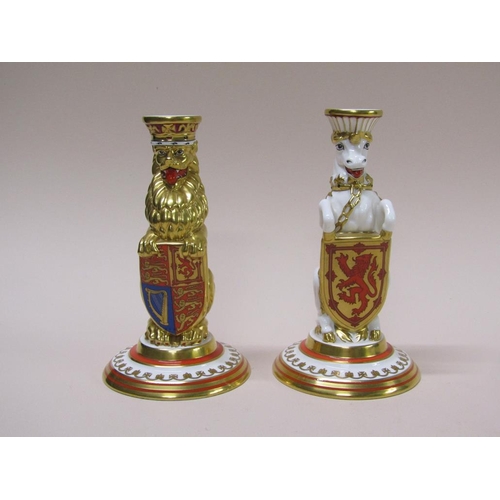 204 - A pair of Minton Queen Elizabeth II candle sticks based on components from the original Queens Coron... 