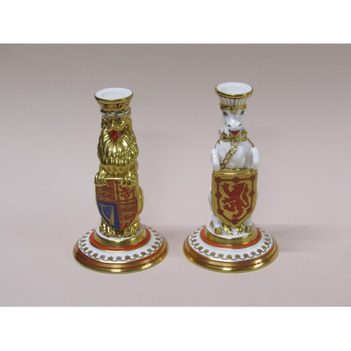 204 - A pair of Minton Queen Elizabeth II candle sticks based on components from the original Queens Coron... 