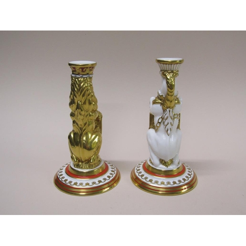 204 - A pair of Minton Queen Elizabeth II candle sticks based on components from the original Queens Coron... 