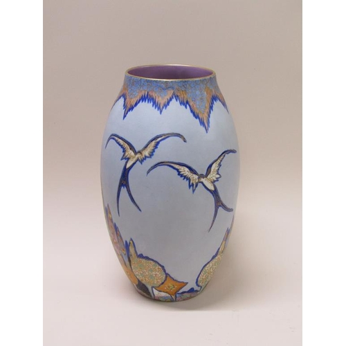 208 - An early 20c Carltonware vase of ovoid form decorated on a pale blue matt ground with longtail swall... 