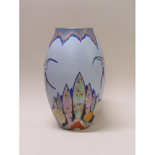 208 - An early 20c Carltonware vase of ovoid form decorated on a pale blue matt ground with longtail swall... 