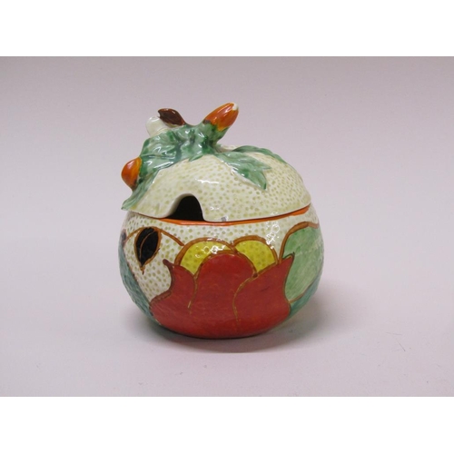 209 - An Art Deco Clarice Cliff Bizarre Fantasque preserve pot and cover, hand painted with berry and leaf... 