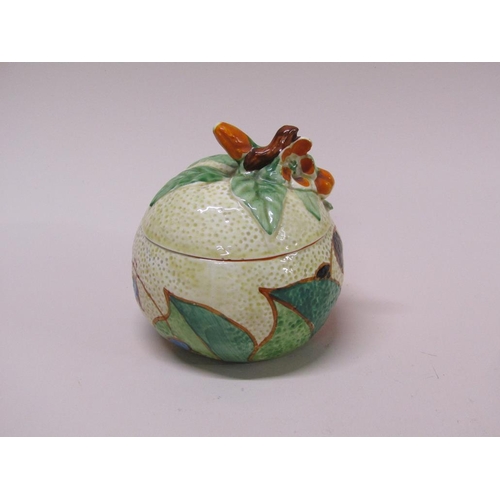 209 - An Art Deco Clarice Cliff Bizarre Fantasque preserve pot and cover, hand painted with berry and leaf... 