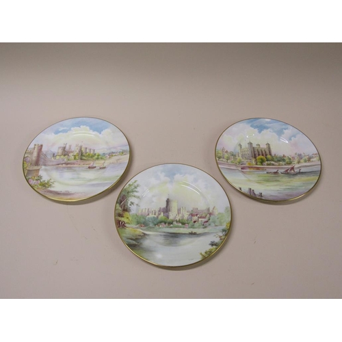 216 - Three Mintons hand painted cabinet plates, Tower of London, Conway Castle, and Windsor Castle, all s... 