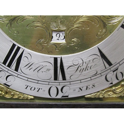 33 - A late 18c eight day longcase clock, the 31cm arched brass dial signed William Pyke of Totnes and ha... 