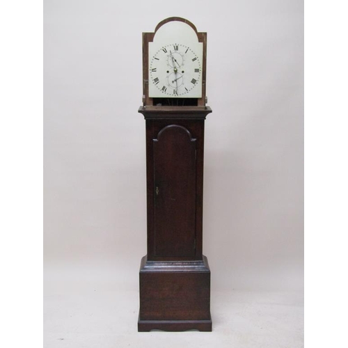 34 - A late 18c eight day longcase clock, the 30cm arched painted dial having Roman numerals and seconds ... 