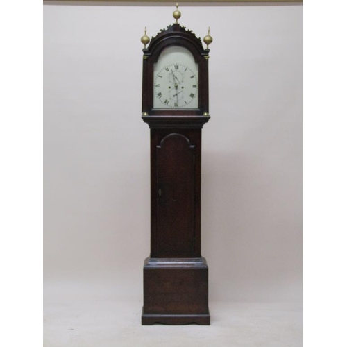 34 - A late 18c eight day longcase clock, the 30cm arched painted dial having Roman numerals and seconds ... 